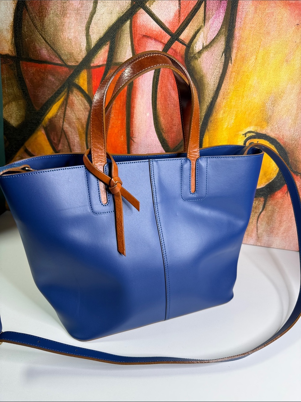 Nardelli italy Blue Leather Tote Bag with Brown Handles